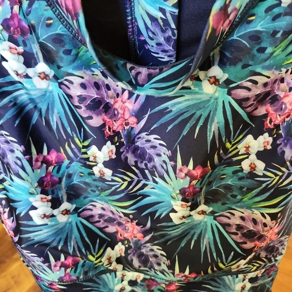 Kyodan High Neck Long Line Blue Tropical Sz. M Swim Tank - Picture 2 of 9